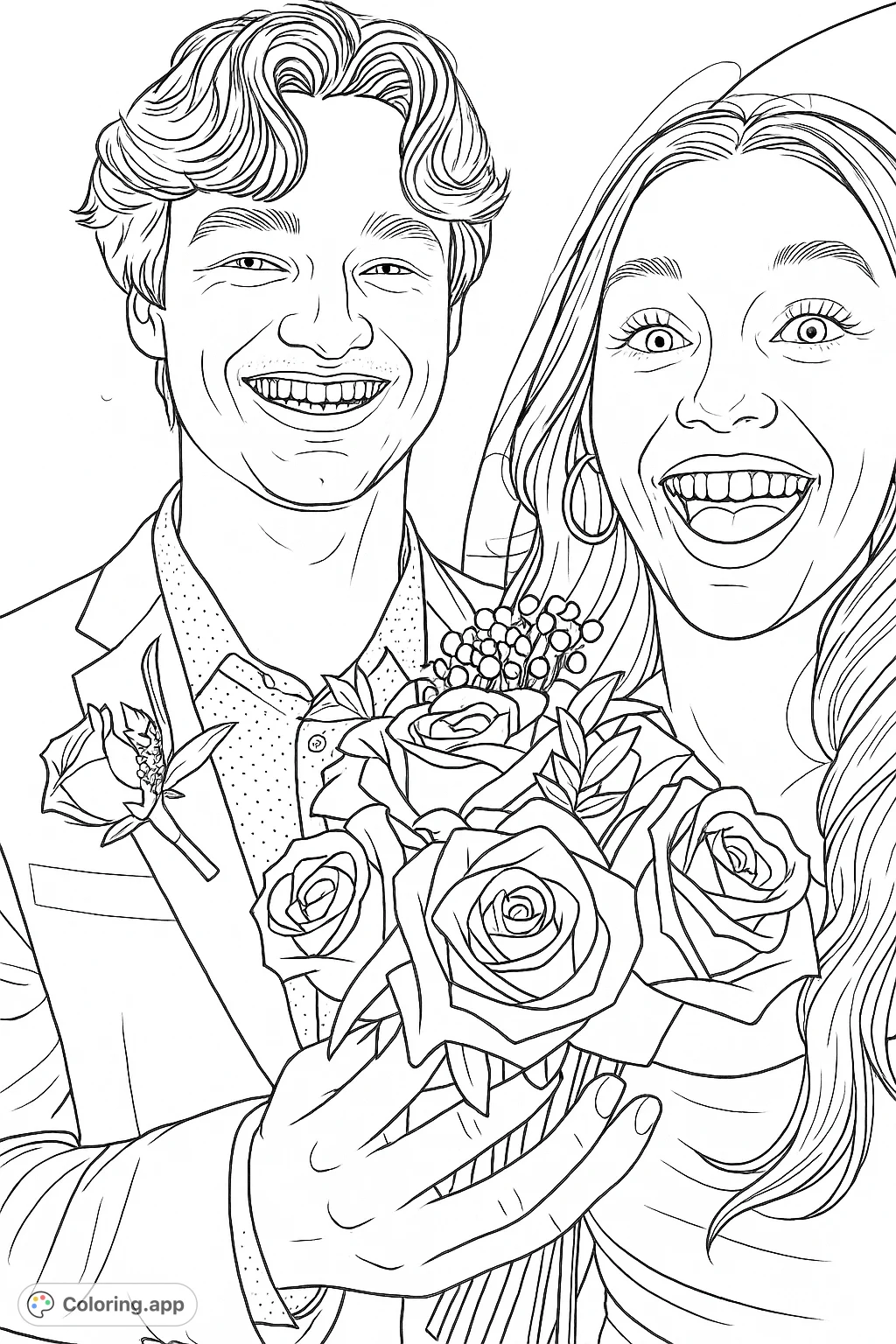 Capture the joy of a special occasion with this coloring page featuring a smiling couple holding a beautiful bouquet and boutonnière. Perfect for celebrating happy moments.