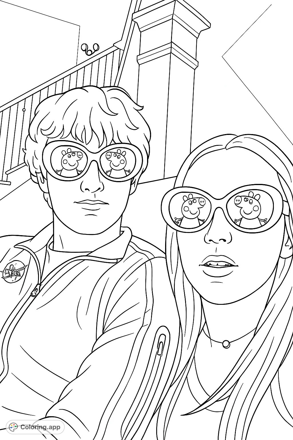 A fun coloring page featuring two friends wearing novelty sunglasses with a popular cartoon pig character, set against an indoor background. Perfect for playful creativity!