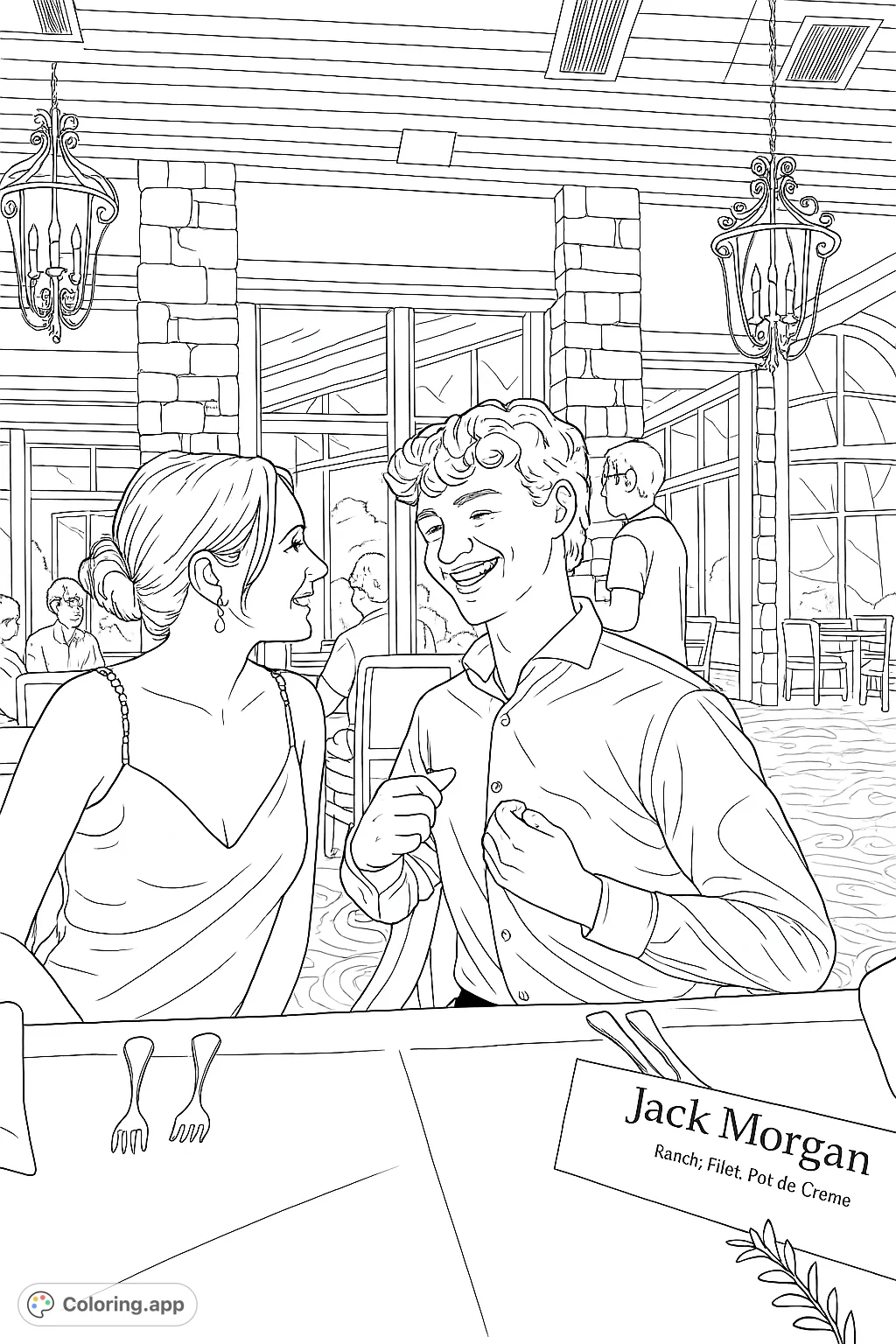 Capture a joyful moment between a young couple at a formal dinner. This charming coloring page features intricate details of their attire and the elegant setting.