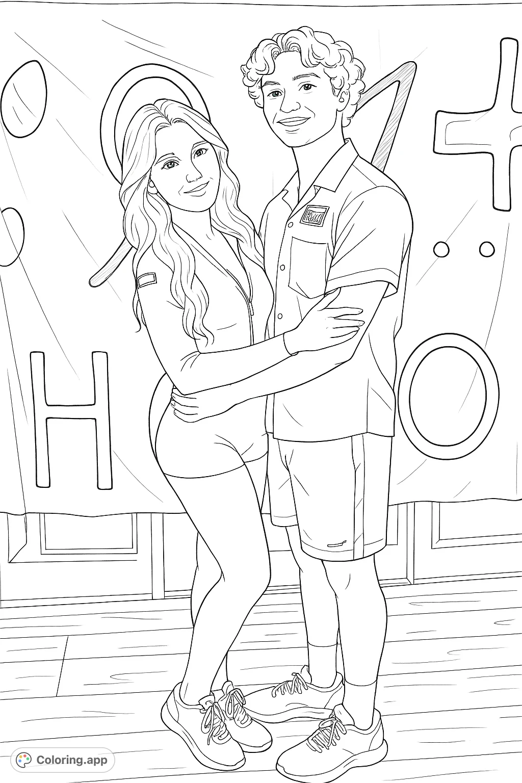 Capture a moment of connection with this smiling couple embracing. Personalize their outfits, hair, and the abstract background with your favorite hues.