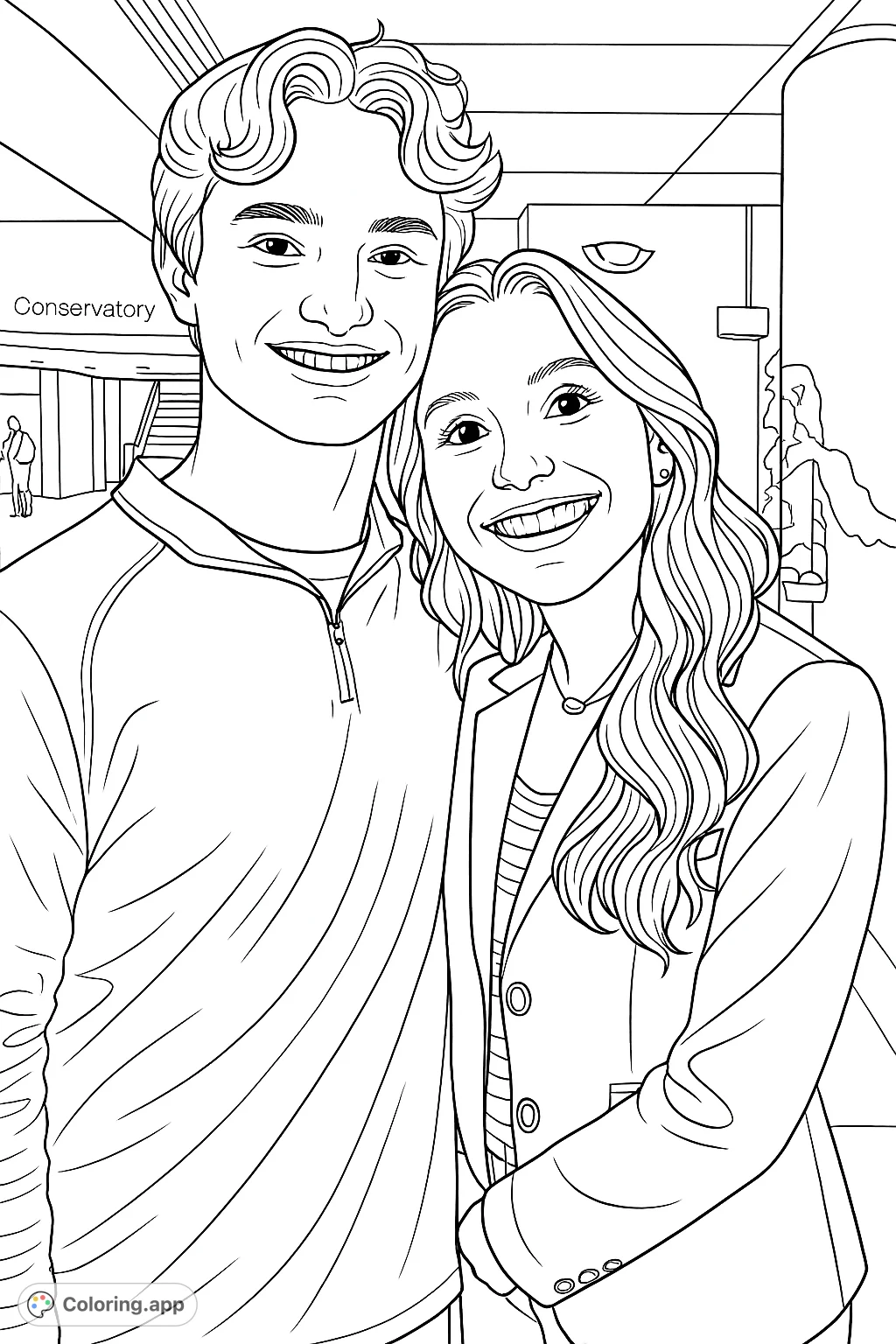 A heartwarming coloring page featuring a smiling young couple, perfect for celebrating friendship and connection.