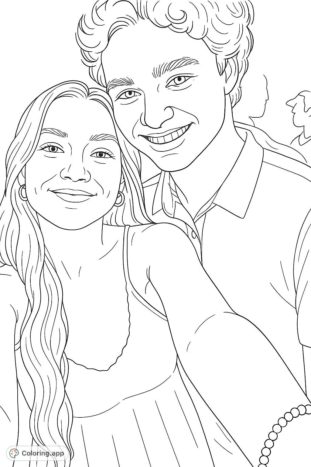 Capture a heartwarming moment with this smiling couple coloring page. Perfect for personalizing expressions and clothing details.
