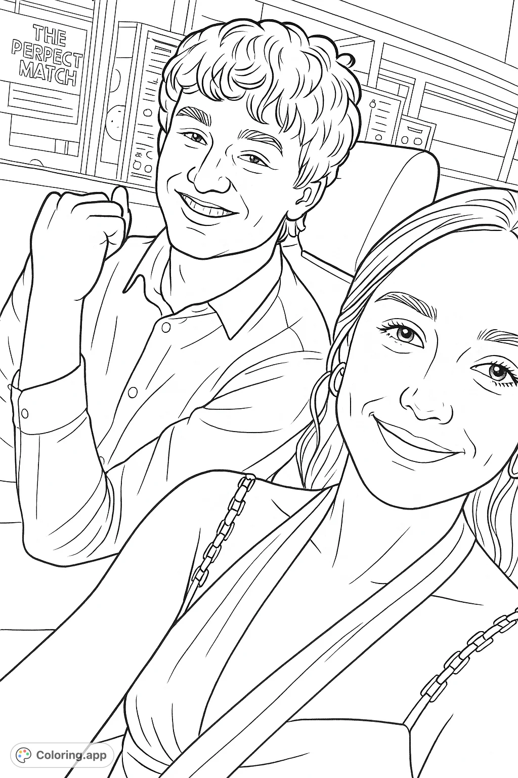 Capture a joyful moment with this coloring page featuring two smiling individuals in a car. Perfect for personalizing a fun, casual scene with your favorite hues.