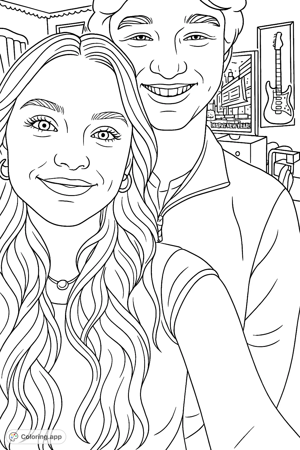 Capture a heartwarming moment with this smiling duo coloring page. Features two happy individuals in a casual setting, perfect for personalizing with your favorite shades.
