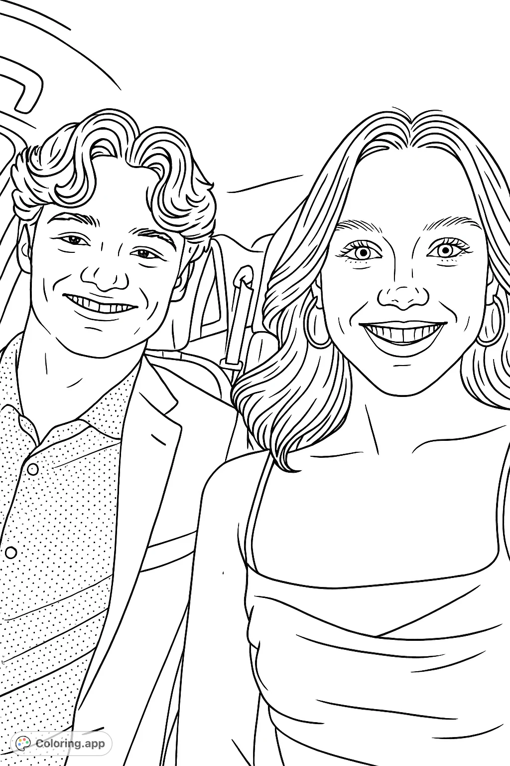 A delightful coloring page featuring two smiling young individuals in a car, perfect for capturing moments of friendship and joy. Express your creativity!