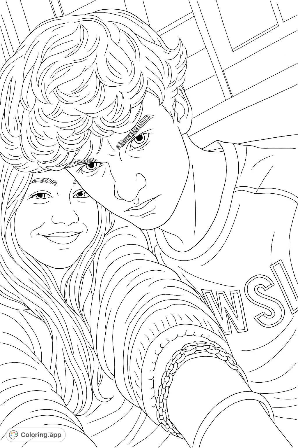 Capture a tender moment between two young individuals. This close-up portrait offers a heartfelt scene, perfect for personalizing with your favorite colors.