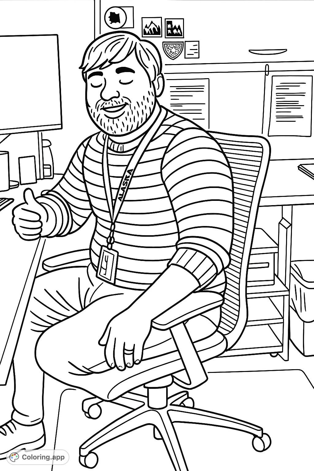 A friendly office worker in a striped sweater, sitting at his desk, ready for a creative coloring session. Perfect for a relaxing break.