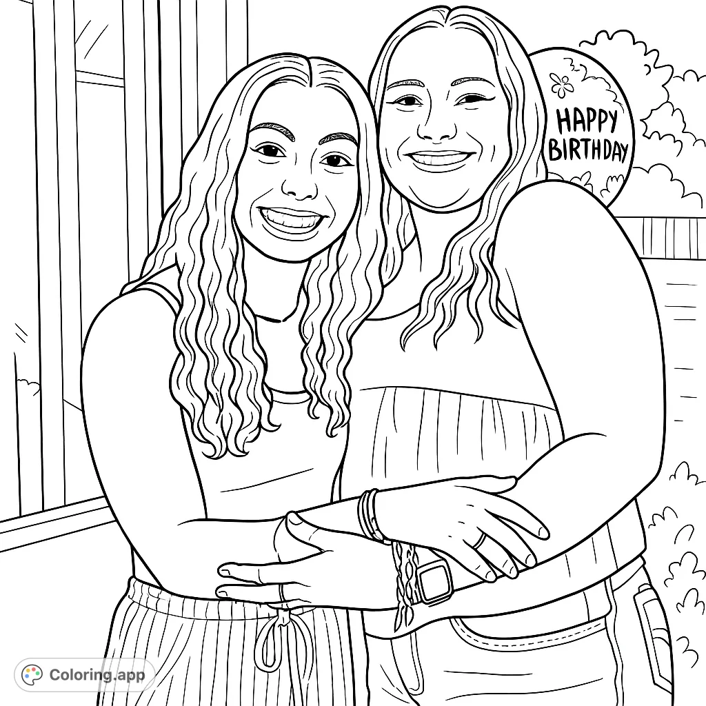 Capture the warmth of friendship with this coloring page featuring two smiling young women embracing outdoors, perfect for expressing connection and joy.