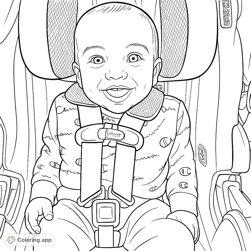 A delightful coloring page featuring a smiling baby secured in a car seat, perfect for capturing joyful moments and creative expression.