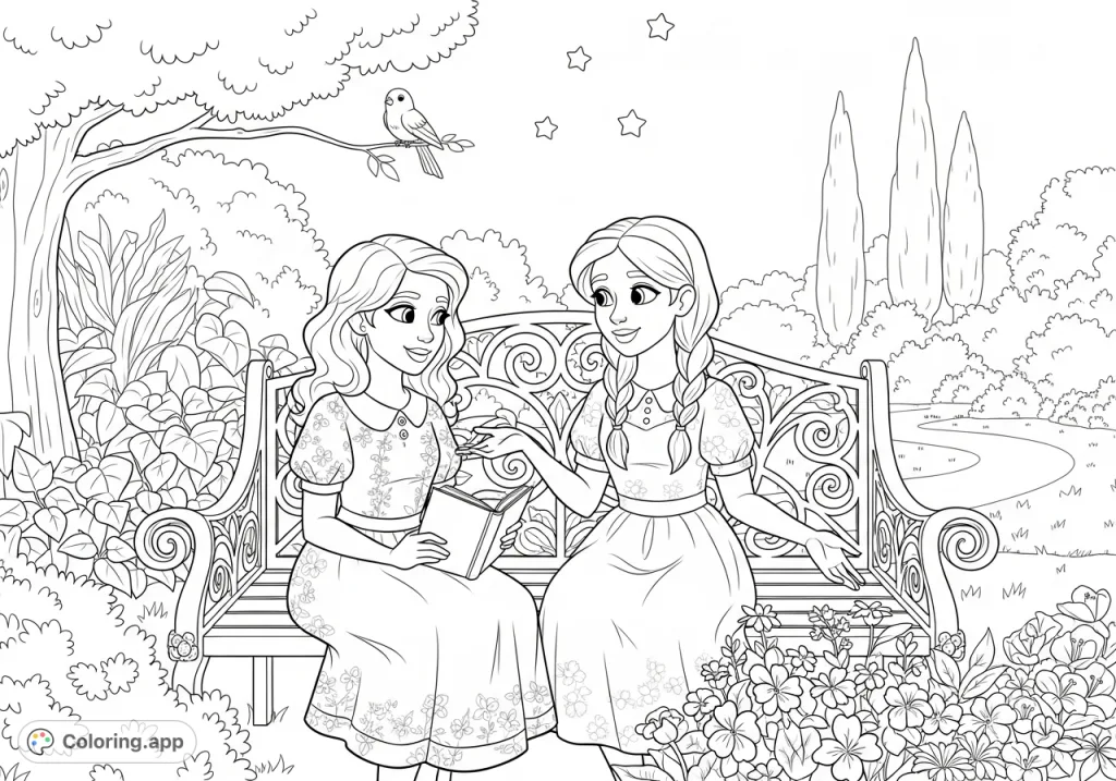 Join Azley and Martha in a charming garden scene, perfect for a relaxing coloring experience. Features two friends, a decorative bench, and lush flora.