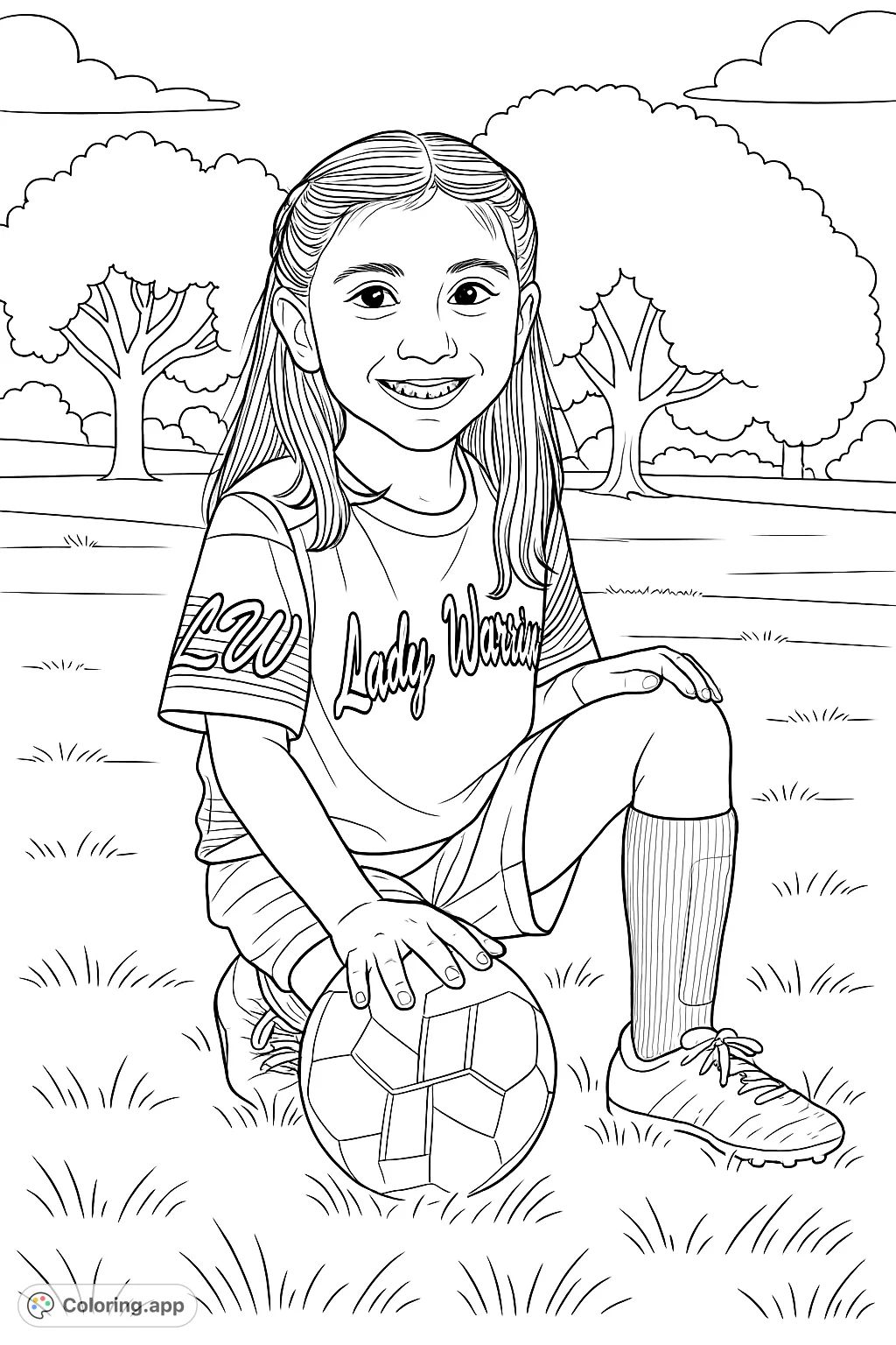 A cheerful young girl in a soccer uniform, kneeling with her ball on a grassy field, ready for action. Perfect for sports enthusiasts.
