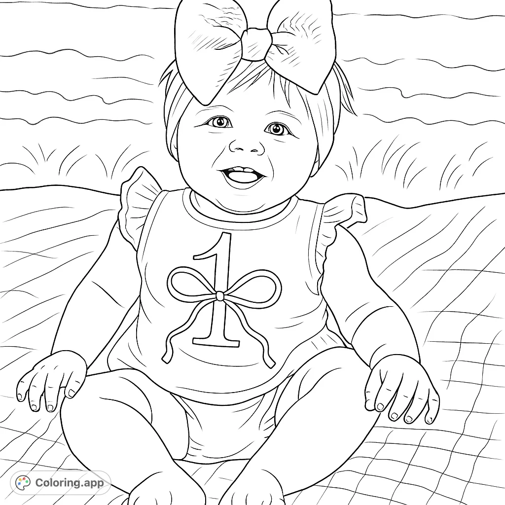 Celebrate a special milestone with this adorable baby coloring page, featuring a happy baby in a festive outfit, perfect for young colorists.