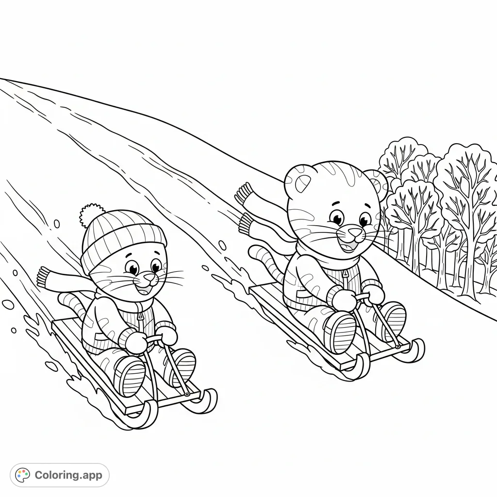 Join Carl the Collector and Daniel Tiger on a joyful toboggan adventure down a snowy hill, a delightful winter scene perfect for coloring fun!