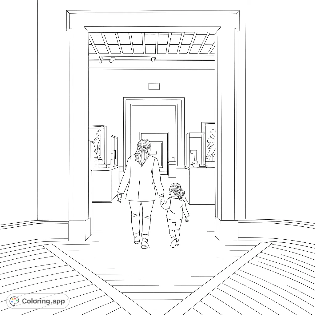 Explore an art gallery scene with a parent and child. Features architectural details, framed art, and display cases for a creative coloring adventure.
