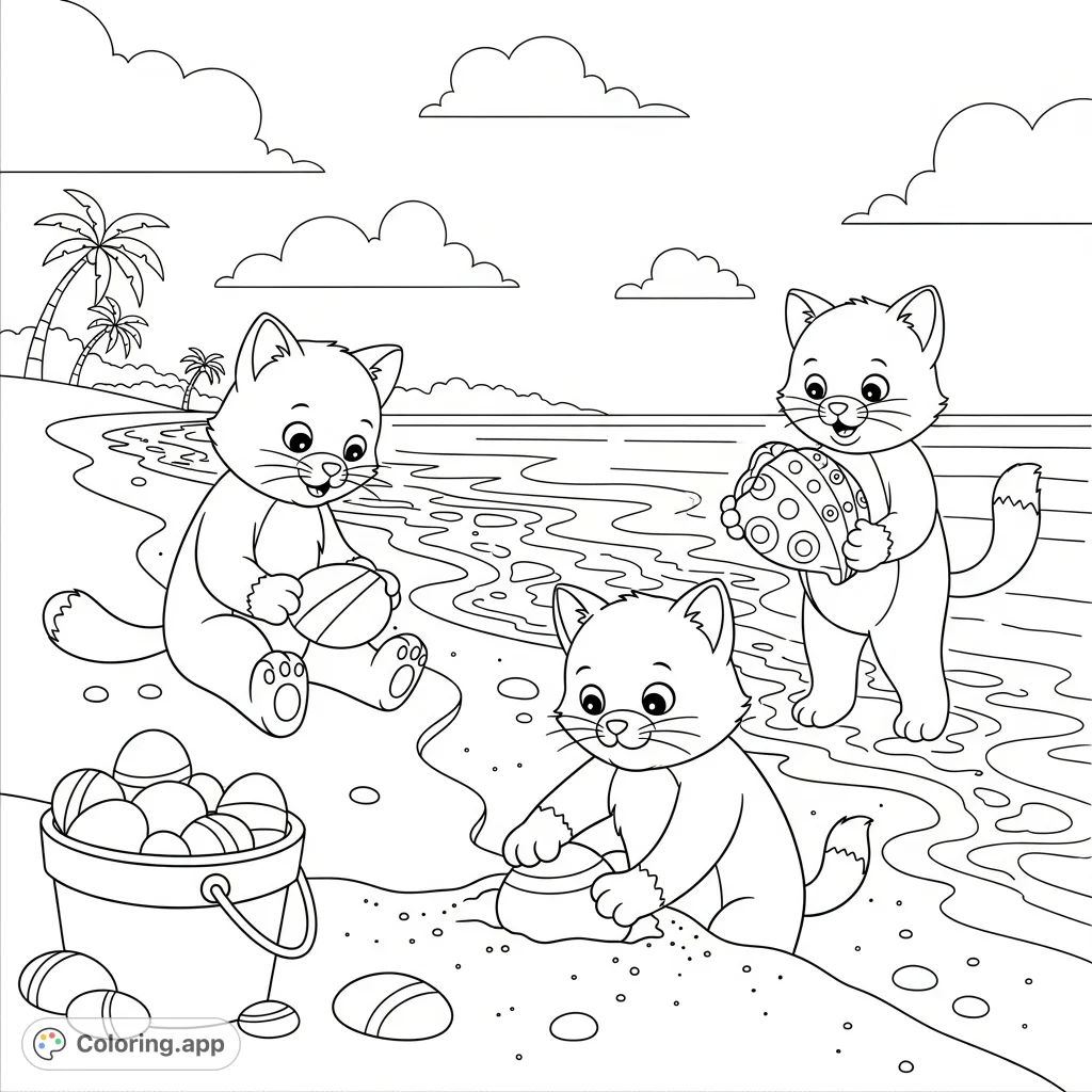 Discover adorable cartoon kitties on a sunny beach, collecting unique rocks and shells. A delightful free printable coloring page for creative fun!