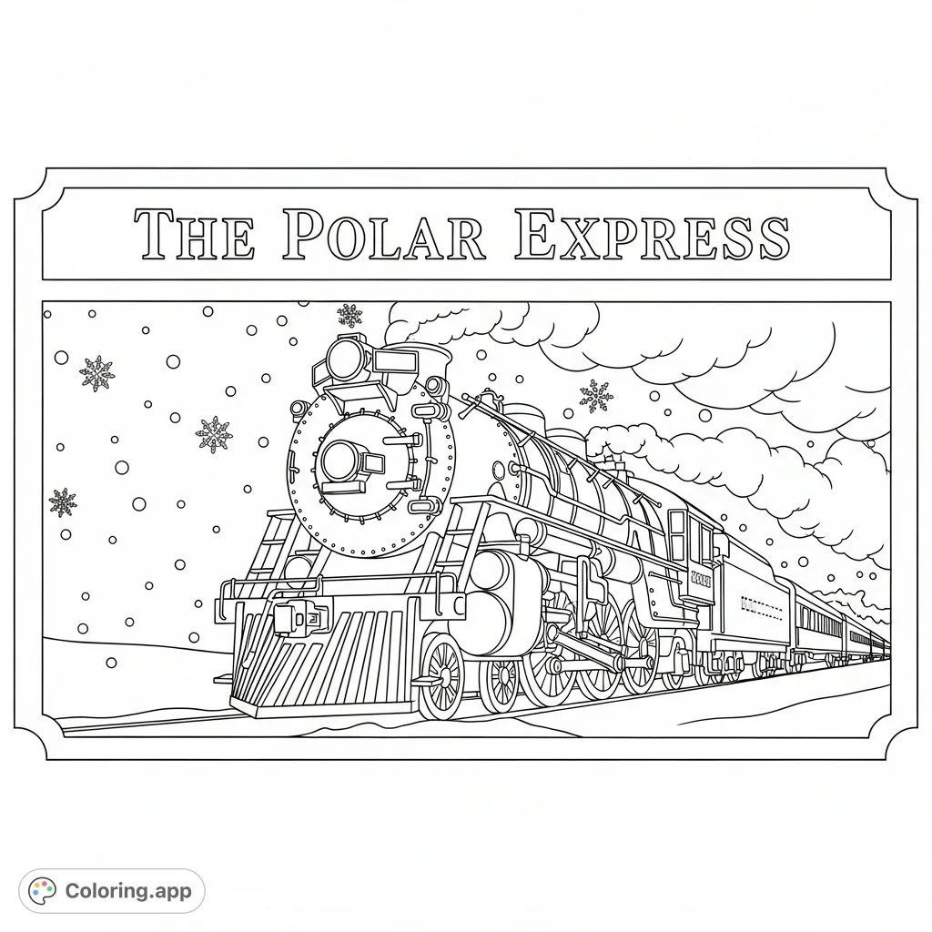 Embark on a festive journey with this free printable Polar Express coloring page! Featuring a classic movie ticket with the iconic train amidst falling snow.