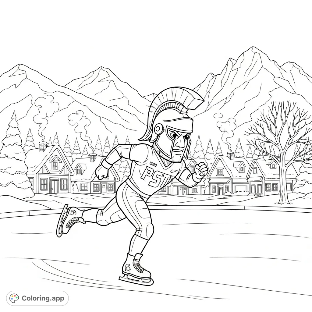 Join Sparty, the Michigan State Spartan mascot, ice skating in a charming, snowy village. A delightful scene for fans and winter enthusiasts!