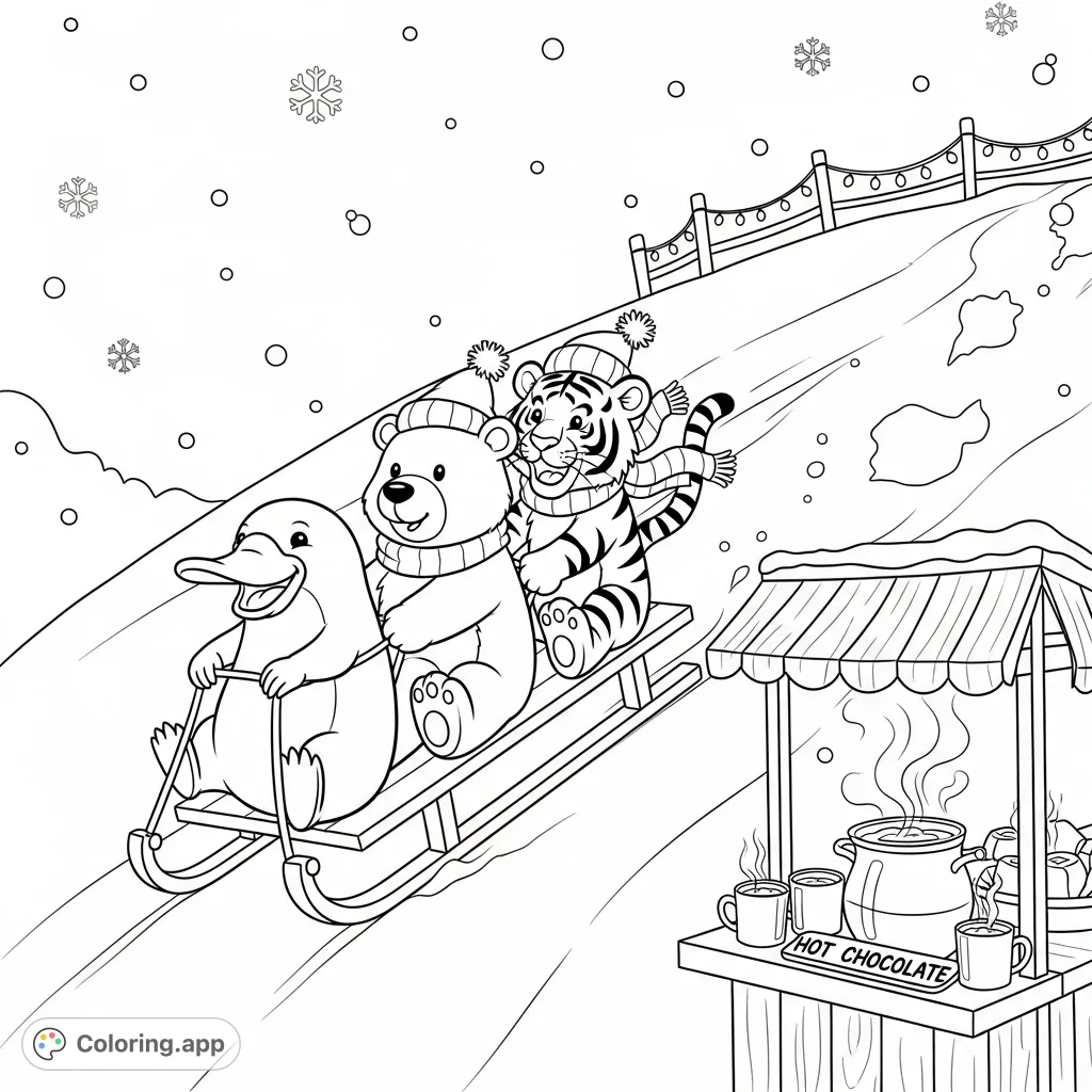 A charming winter scene featuring a platypus, bear, and tiger joyfully sledding down a snowy hill. Complete with falling snowflakes, festive lights, and a cozy hot chocolate stand.