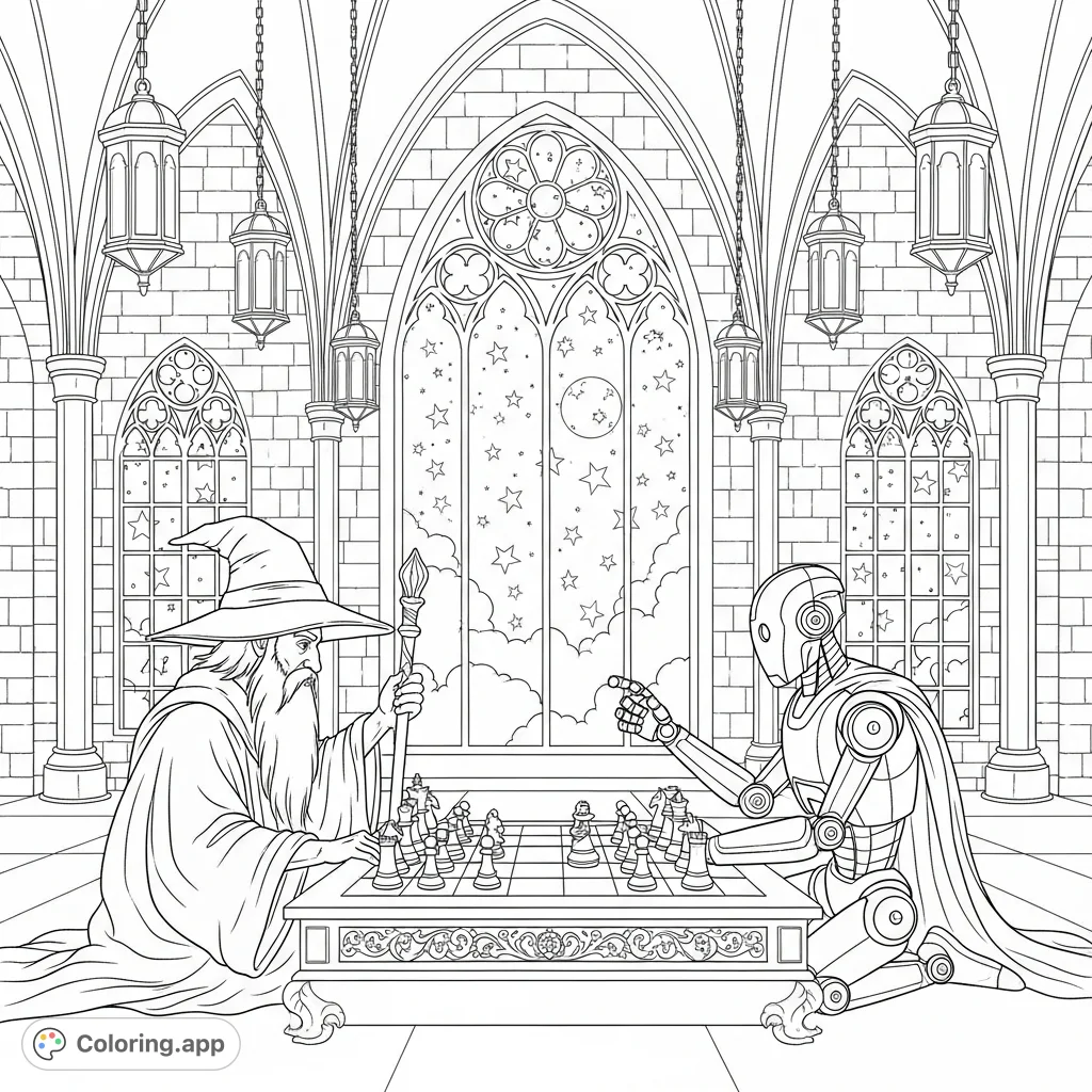 A captivating wizard and an advanced robot engage in an epic chess battle inside a grand castle, illuminated by lanterns under a starry night.