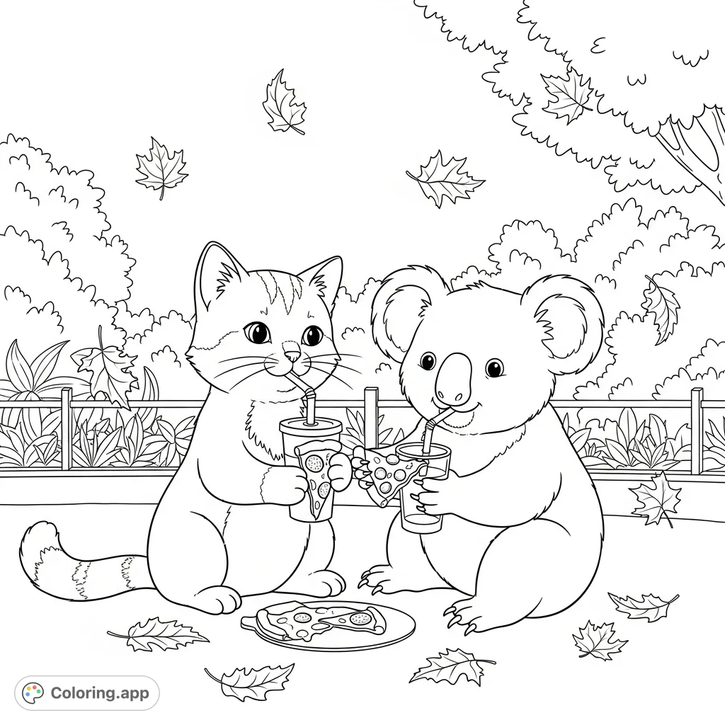 A delightful scene at Columbus Zoo where a cat and koala share pizza and drinks amidst falling autumn leaves, perfect for an engaging coloring session.