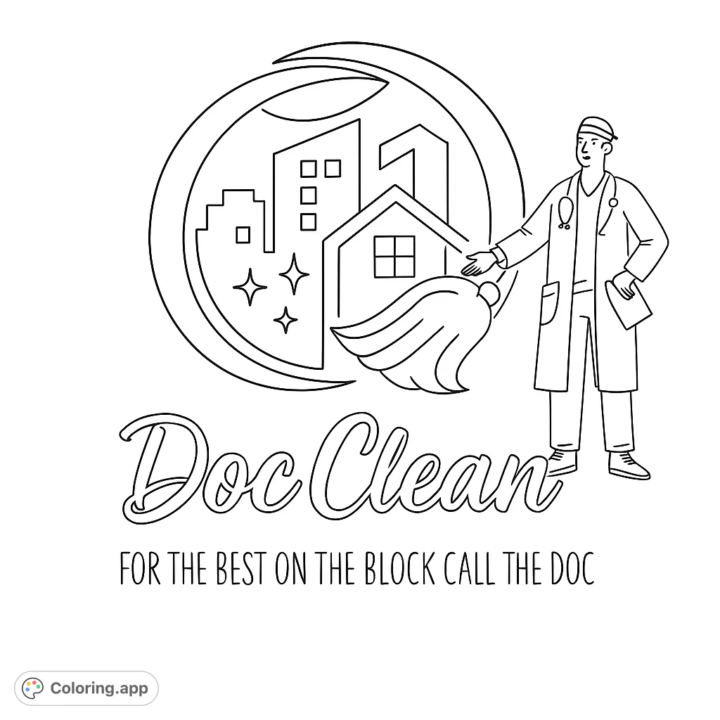 A friendly doctor gestures towards a cleaning service emblem featuring city buildings, a house, and a broom, framed by leaves and a circular design.