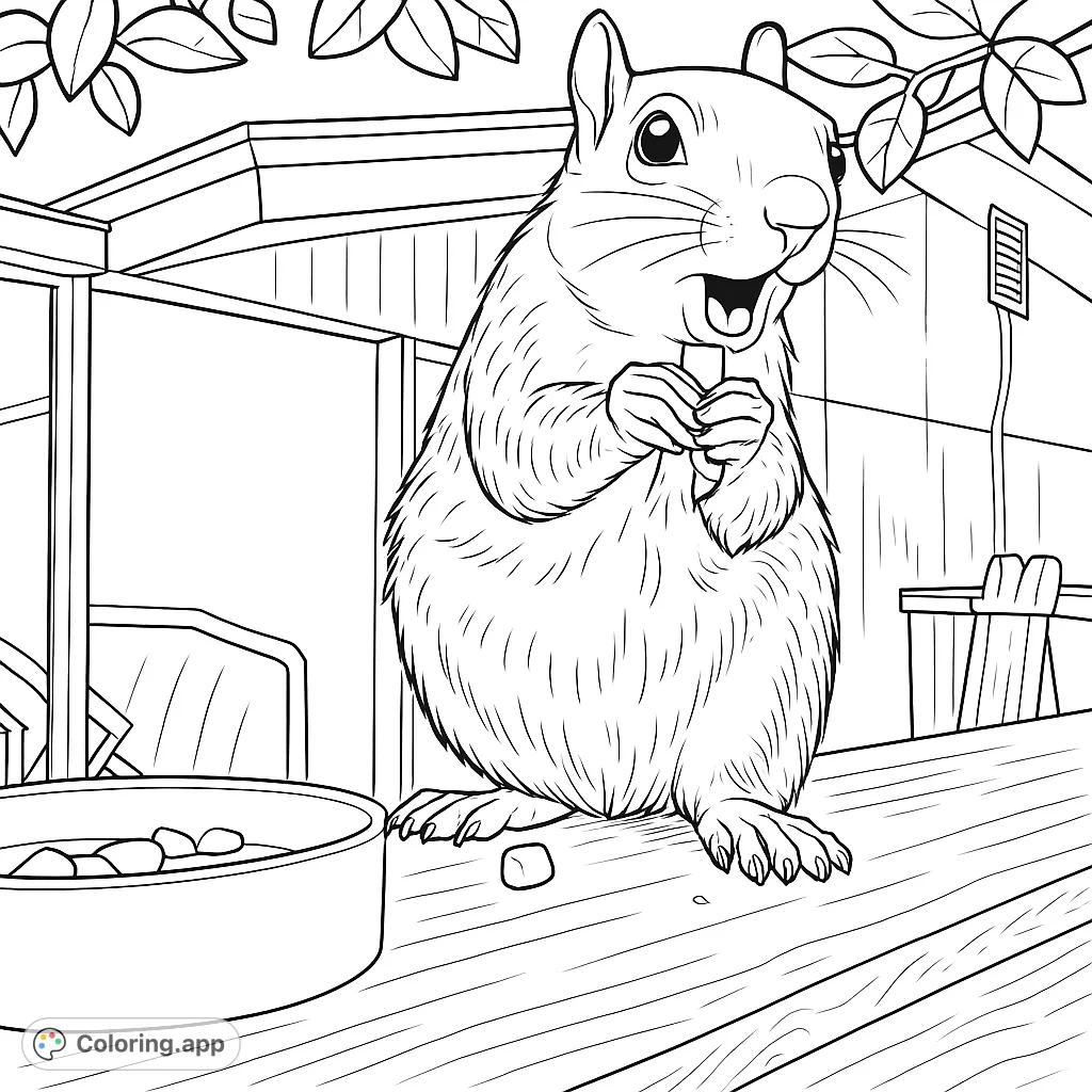 A delightful squirrel enjoys a snack on a wooden surface, offering a charming scene for a nature-themed coloring page. Perfect for animal lovers!