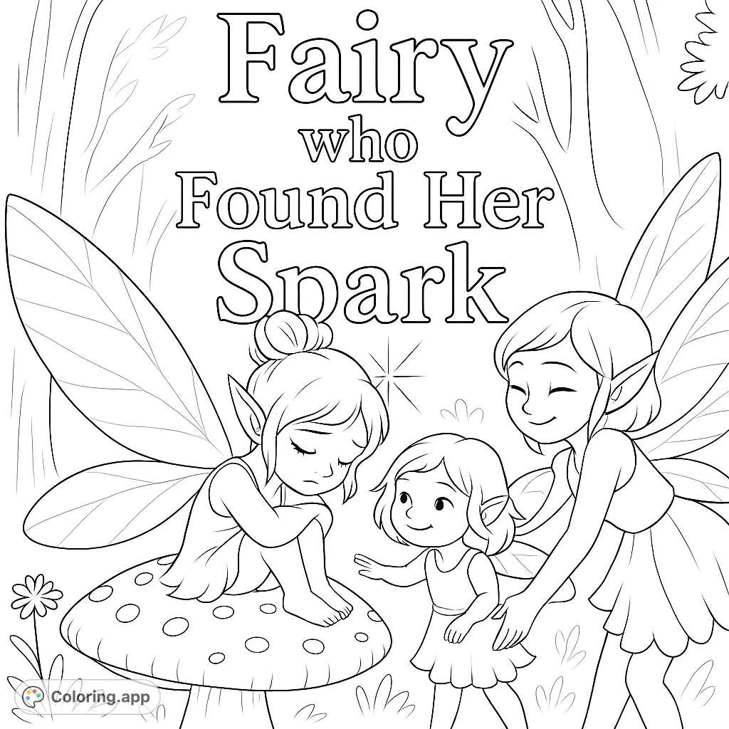 Discover a heartwarming fairy scene with a contemplative fairy on a mushroom, comforted by two smaller, joyful fairies and a larger, embracing fairy in a magical forest.