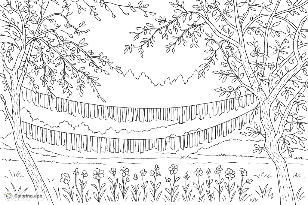 Discover a peaceful forest scene with two majestic trees framing decorative fabric garlands. A detailed nature coloring page perfect for relaxation and creativity.