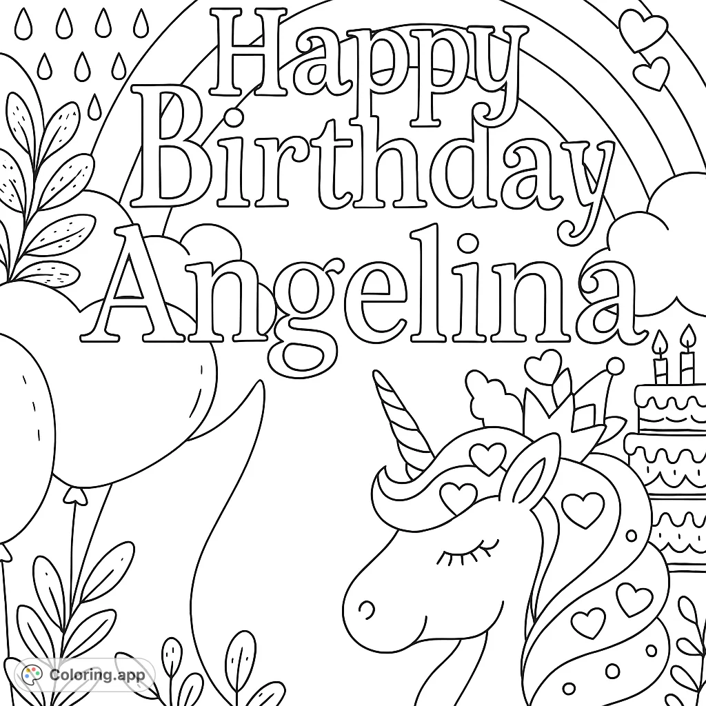 A magical unicorn birthday scene with a rainbow, balloons, and cake, perfect for celebrating special moments with whimsical charm.