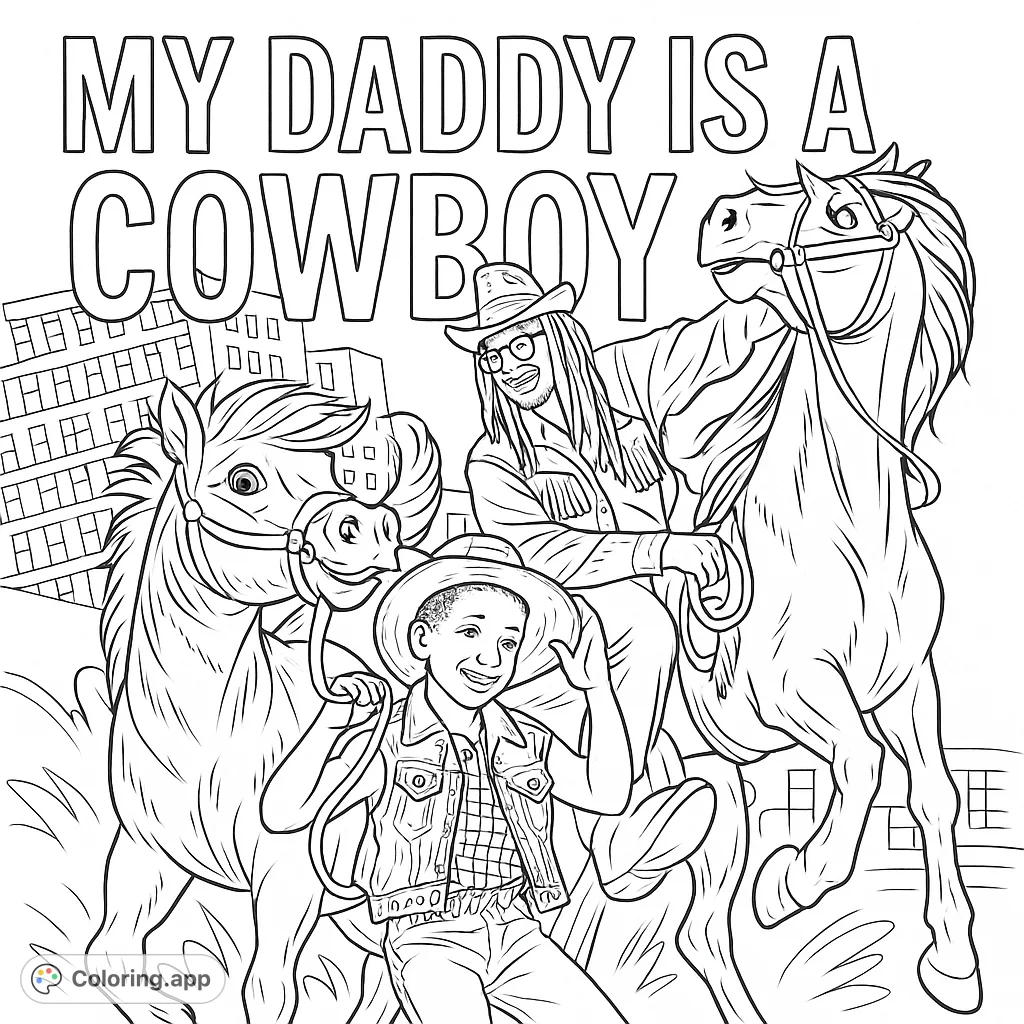 A dynamic urban cowboy scene featuring a person on a horse and a child on a pony, set against a city backdrop. Perfect for creative expression.