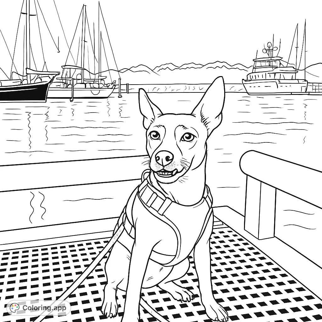 A charming small dog sits on a dock, overlooking a bustling marina with sailboats and distant mountains, perfect for a relaxing coloring experience.