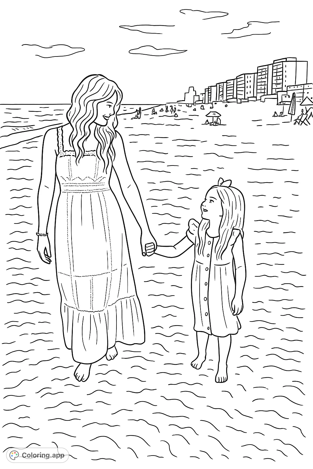 Capture a heartwarming beach scene with a mother and child holding hands. Perfect for a relaxing coloring experience, featuring intricate dress patterns and a serene coastal backdrop.