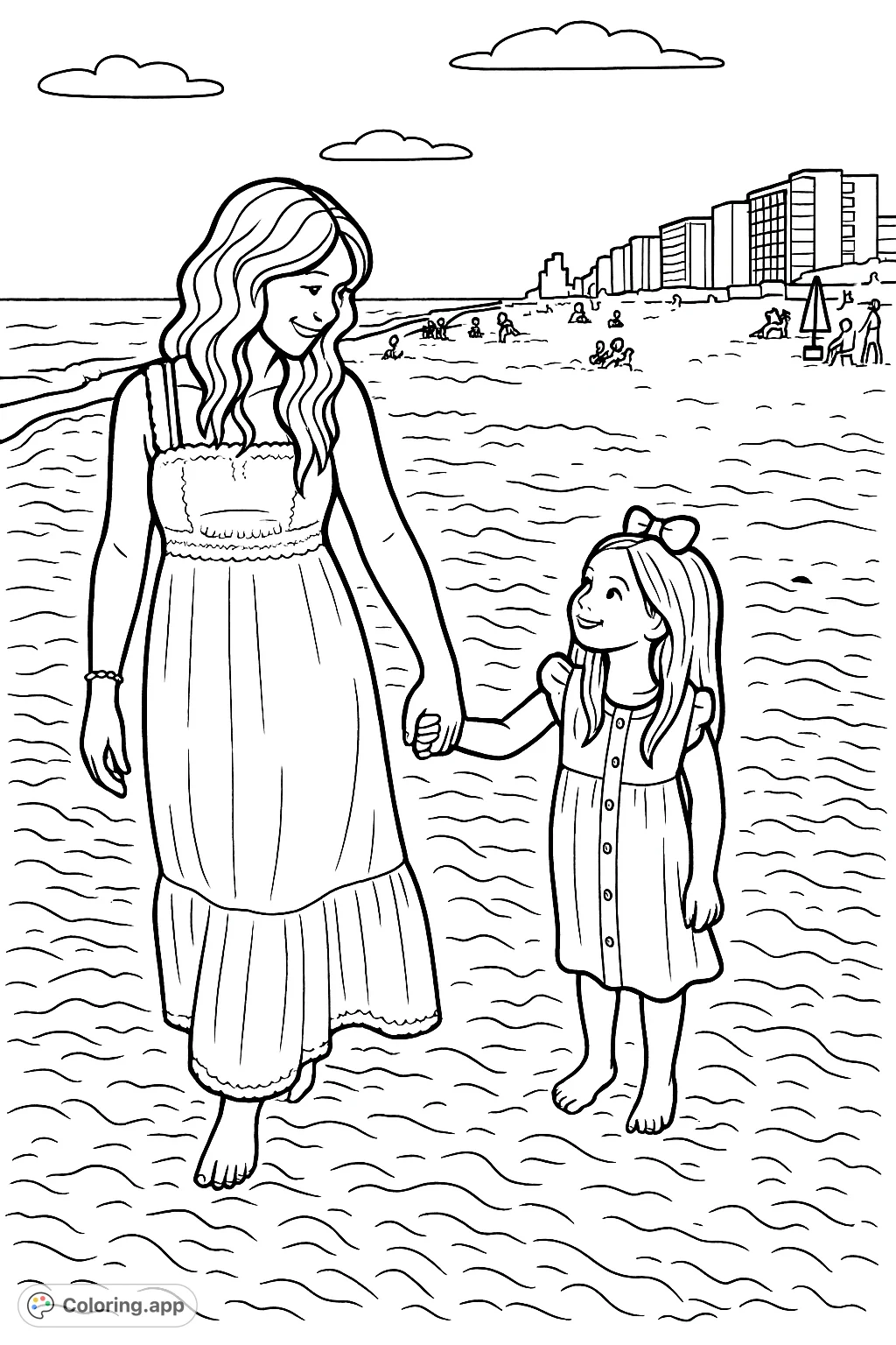 Capture a heartwarming moment of a mother and daughter holding hands on a sandy beach, with ocean waves and distant buildings. A joyful scene for all ages.