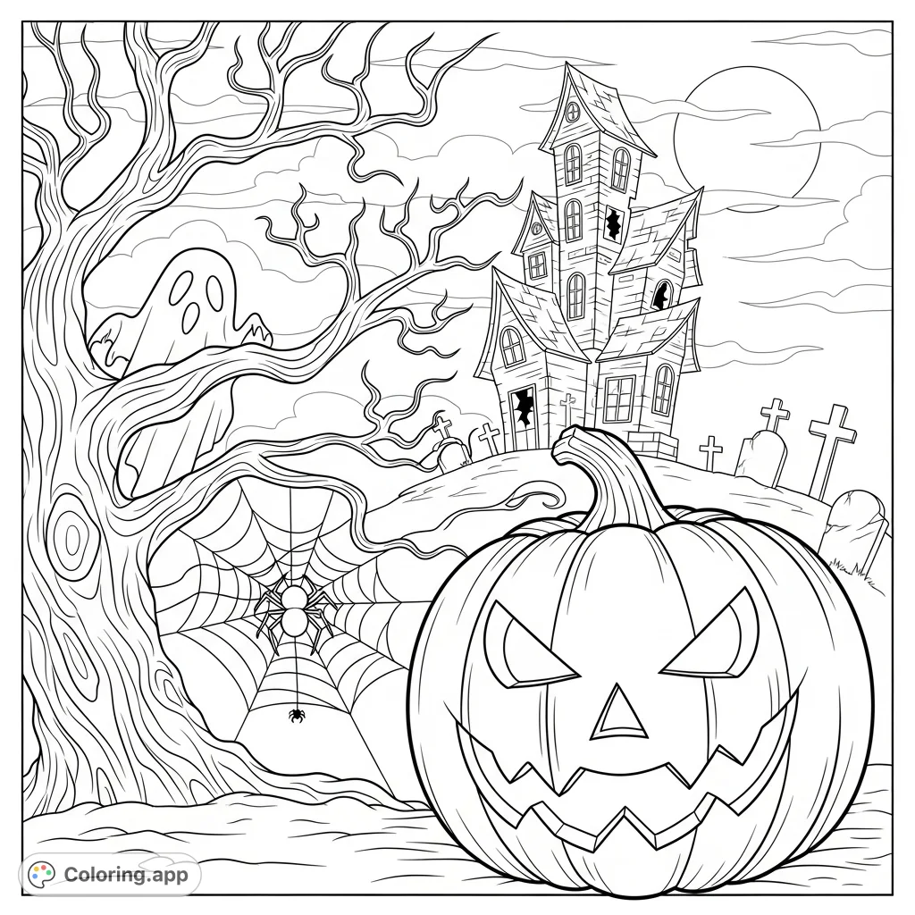 A classic spooky Halloween coloring page featuring a grinning jack-o'-lantern, a haunted house, a ghost, and a full moon, perfect for a thrilling coloring adventure.