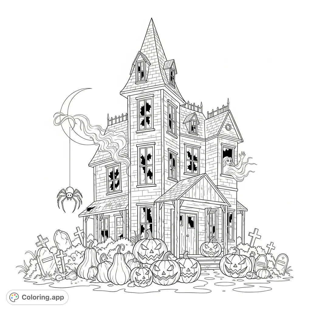 Explore a grand, decaying haunted house with intricate jack-o'-lanterns, a friendly ghost, and a descending spider under a crescent moon. Perfect for spooky fun!