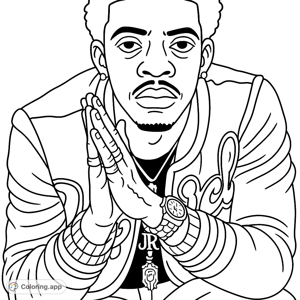 Color a detailed portrait of a person in a stylish varsity jacket, featuring intricate jewelry and a direct gaze. Perfect for fashion and portrait enthusiasts.