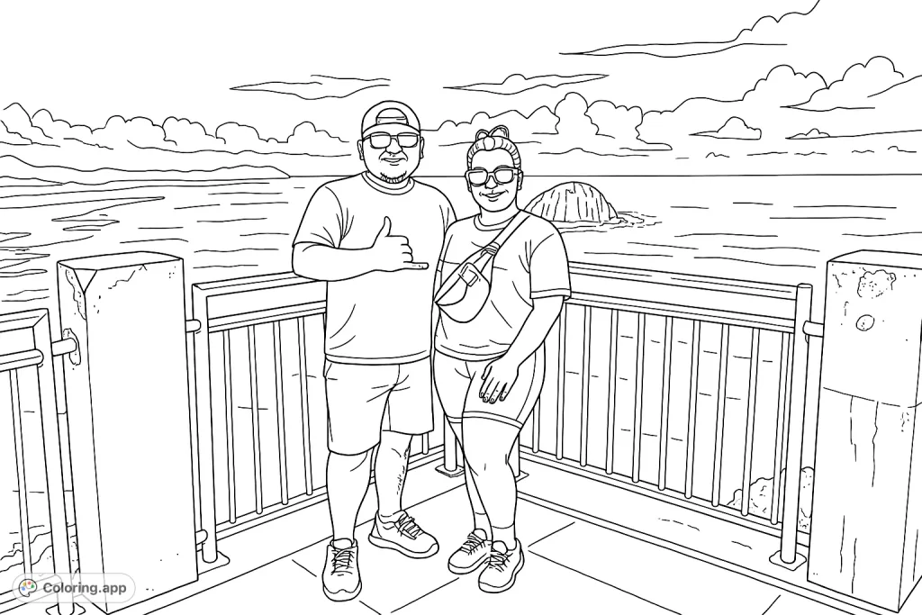 Capture a memorable moment with this scenic viewpoint coloring page featuring a couple enjoying a vast ocean landscape and distant islands.