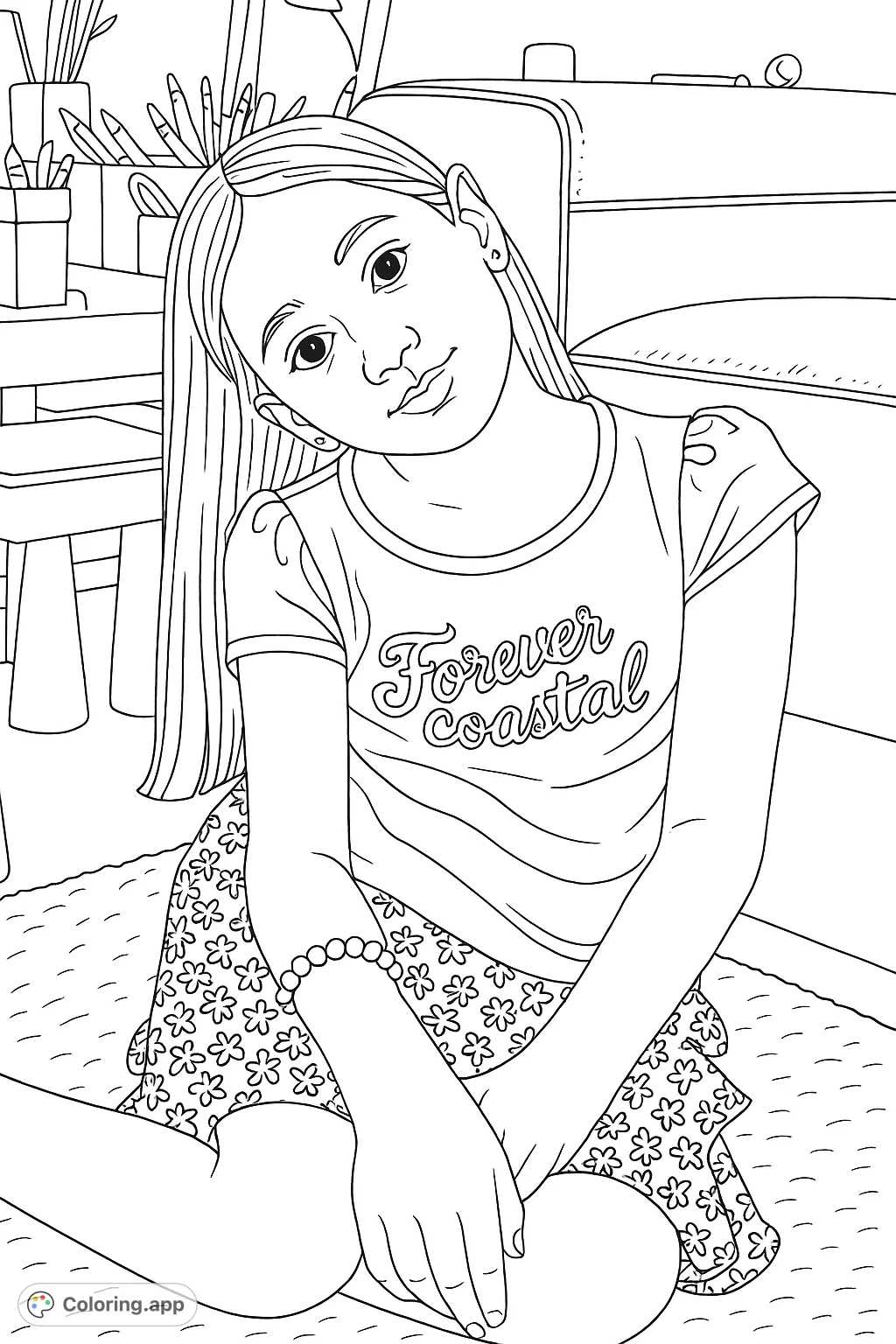 A charming young girl sitting amidst art supplies, ready for a creative coloring adventure. Features a patterned skirt and beaded bracelet.