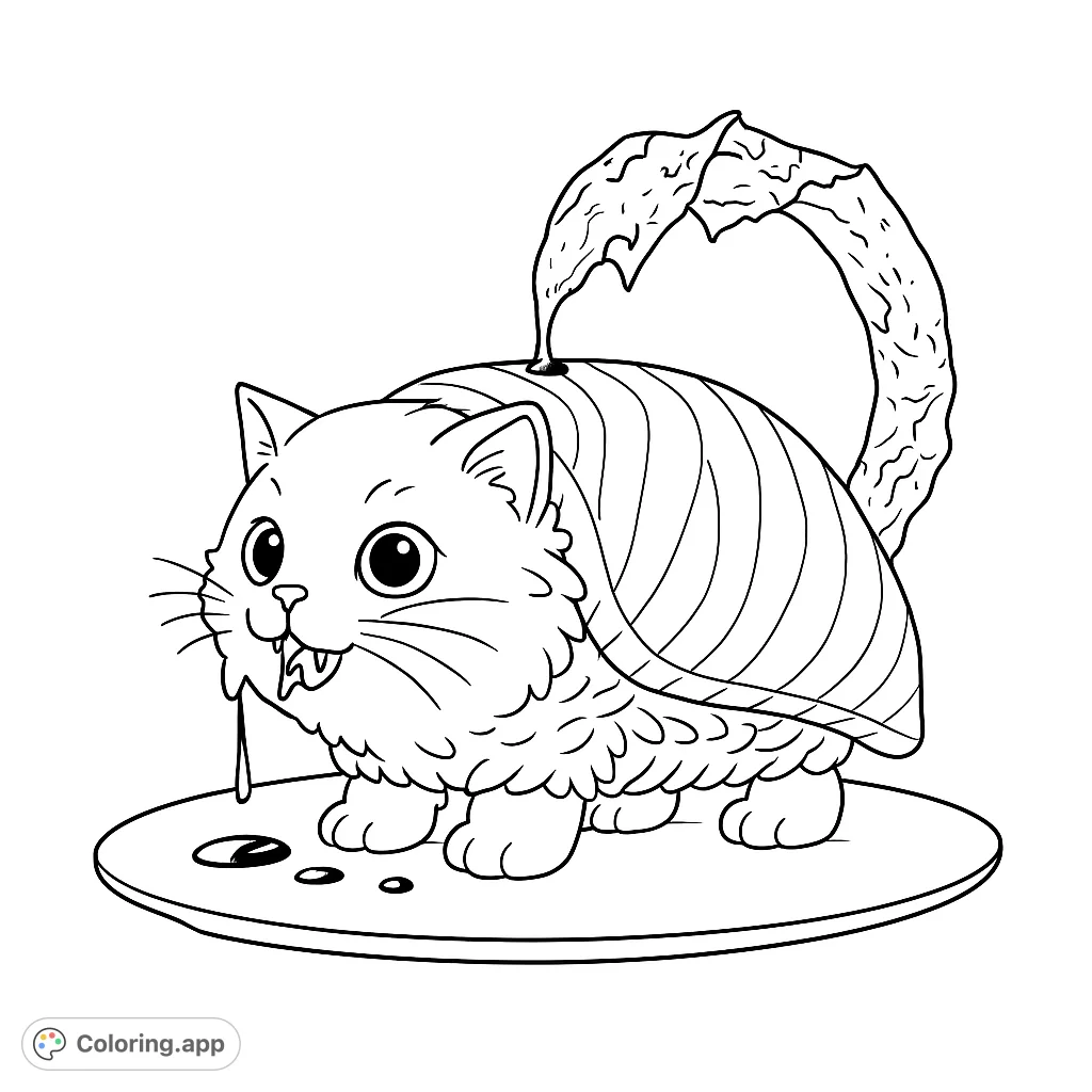 A delightful sushi cat creation, featuring a rice body, fish slice covering, and seaweed tail, with playful drips on a plate. A unique and fun coloring experience!