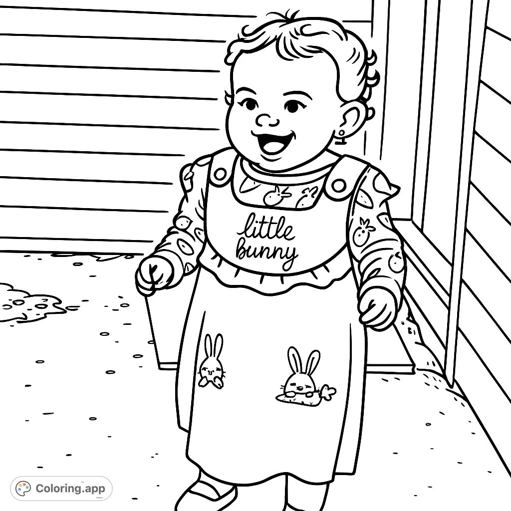 A delightful coloring page featuring a smiling toddler in a bunny-themed overall dress and carrot-patterned shirt. Perfect for young artists to bring to life.