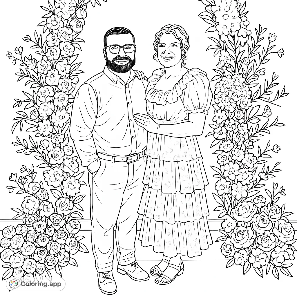 A charming couple poses before a magnificent floral arch, perfect for celebrating love and intricate botanical designs. A detailed floral arch coloring page.
