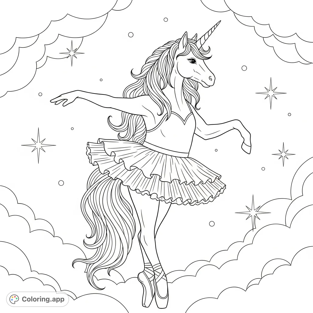 Discover a magical ballerina unicorn prancing in a ruffled tutu amidst swirling clouds and stars. A whimsical free printable coloring page for all ages!