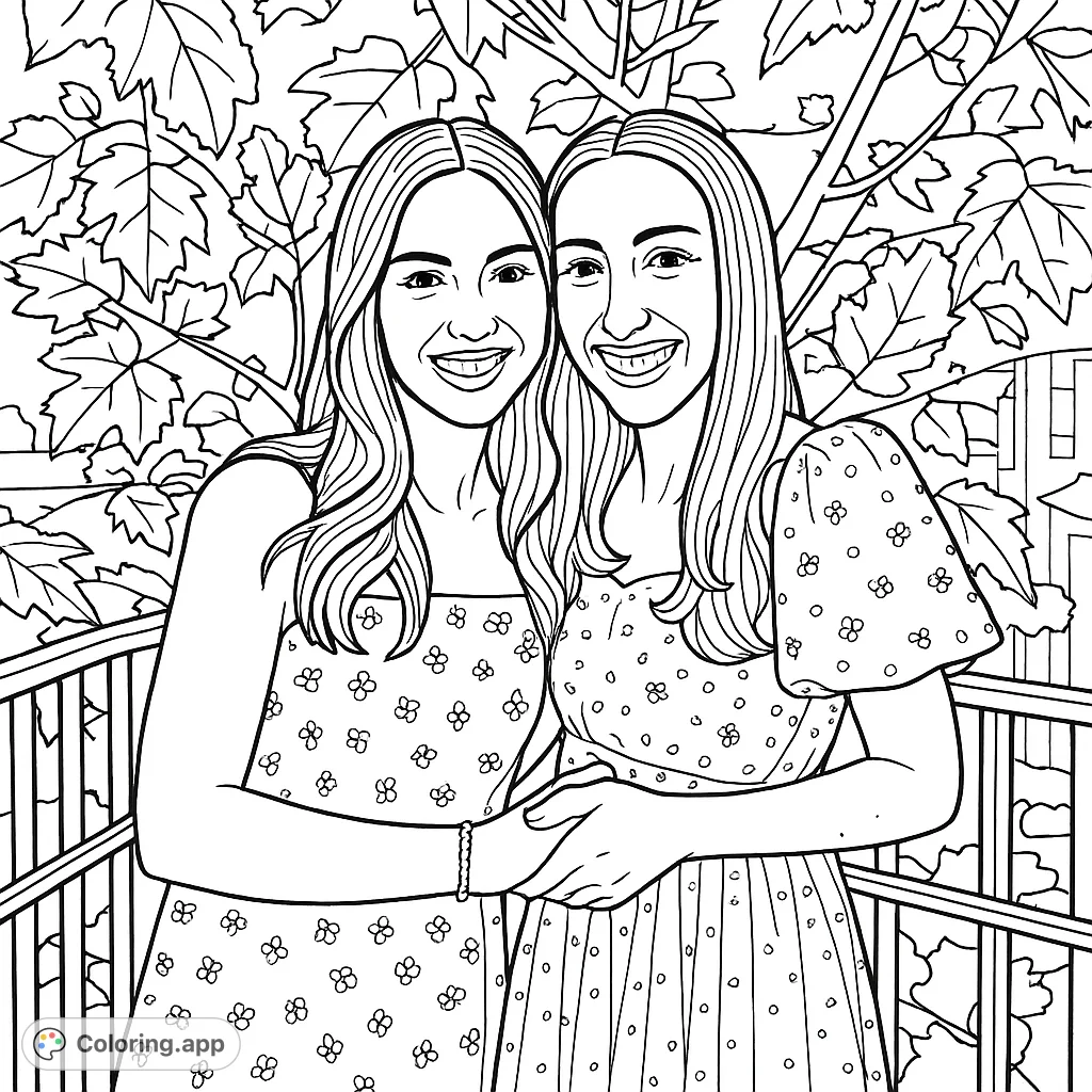 Capture the warmth of friendship with this delightful coloring page featuring two smiling women amidst lush foliage. A perfect scene for expressing joy and connection.