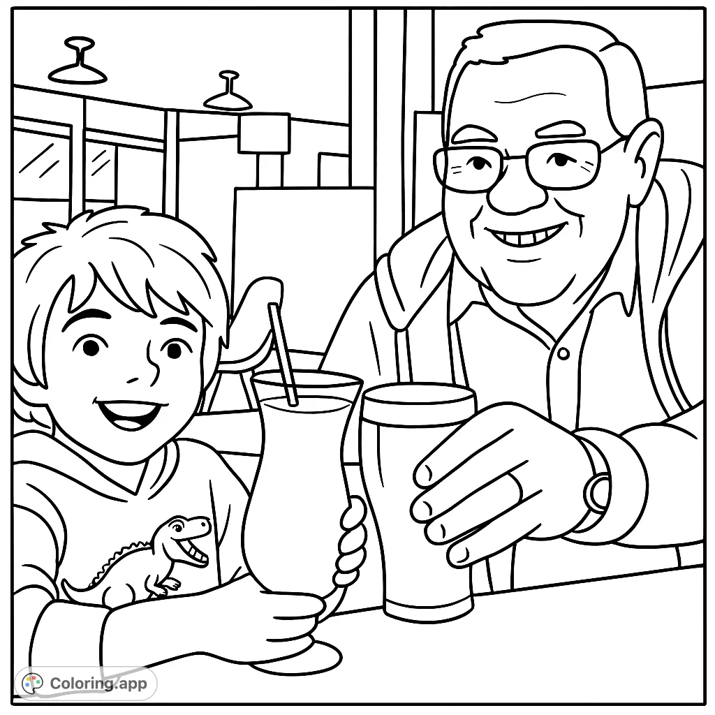 A heartwarming family bonding coloring page featuring a grandpa and grandson toasting with drinks. Perfect for celebrating special moments and creating cherished memories.