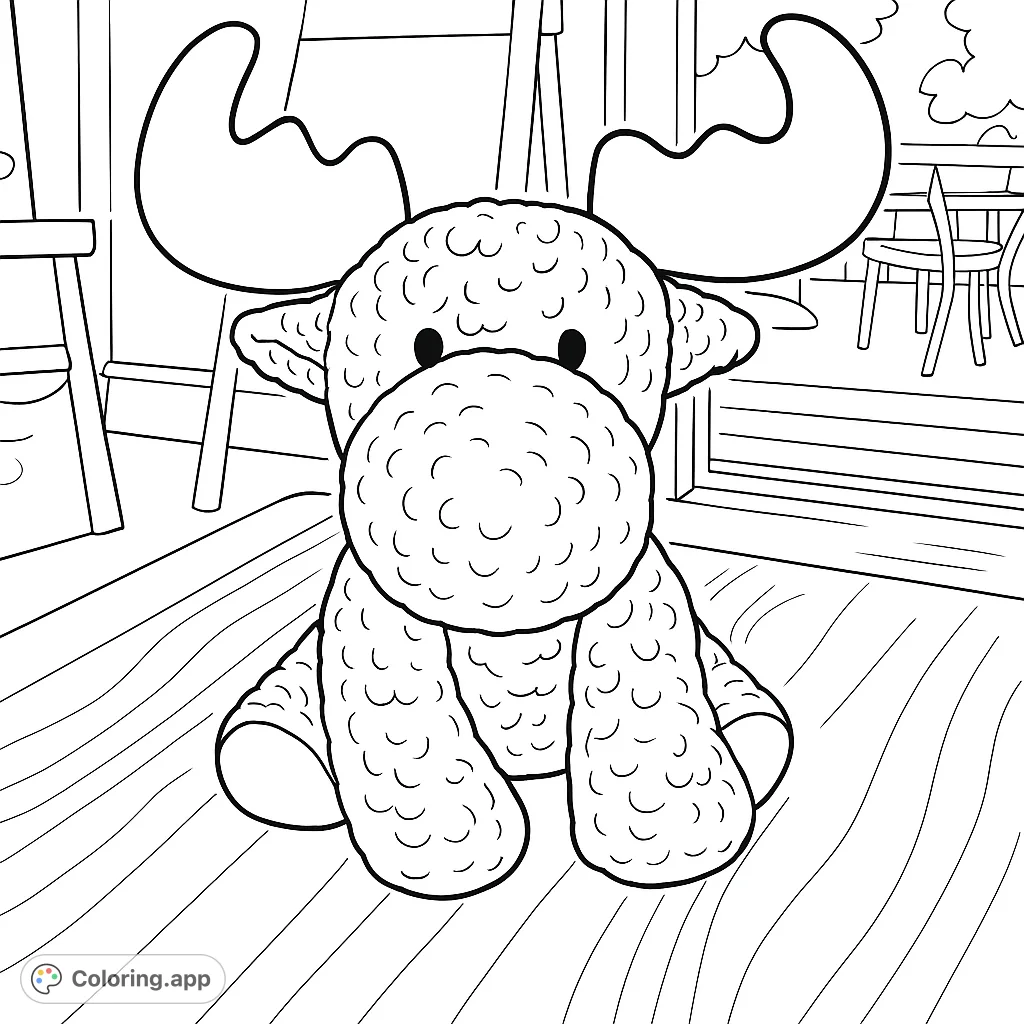 Adorable plush moose toy sitting on a wooden table, ready for a creative splash of color. Perfect for animal lovers and imaginative play.