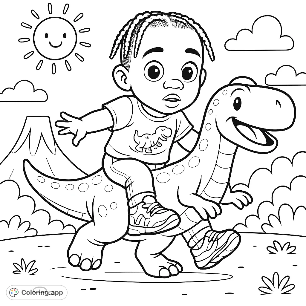 Embark on a prehistoric adventure! A happy child rides a friendly dinosaur through a landscape with a volcano and smiling sun.