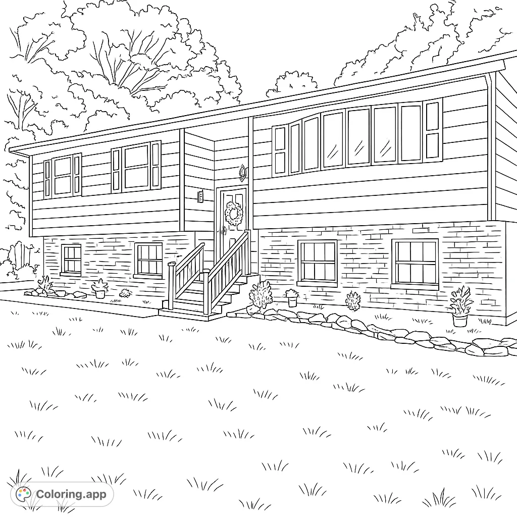 Explore a detailed split-level house with brick and siding textures, a welcoming entrance, and a lush lawn, perfect for architectural coloring.