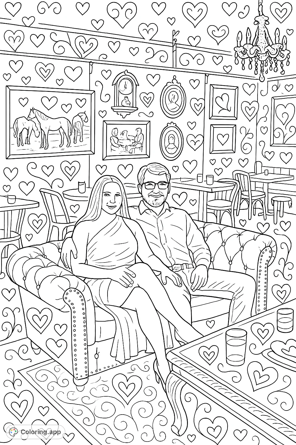 Color a romantic couple in a sophisticated, richly detailed interior. Features elegant furnishings, framed art, and decorative elements with heart patterns.