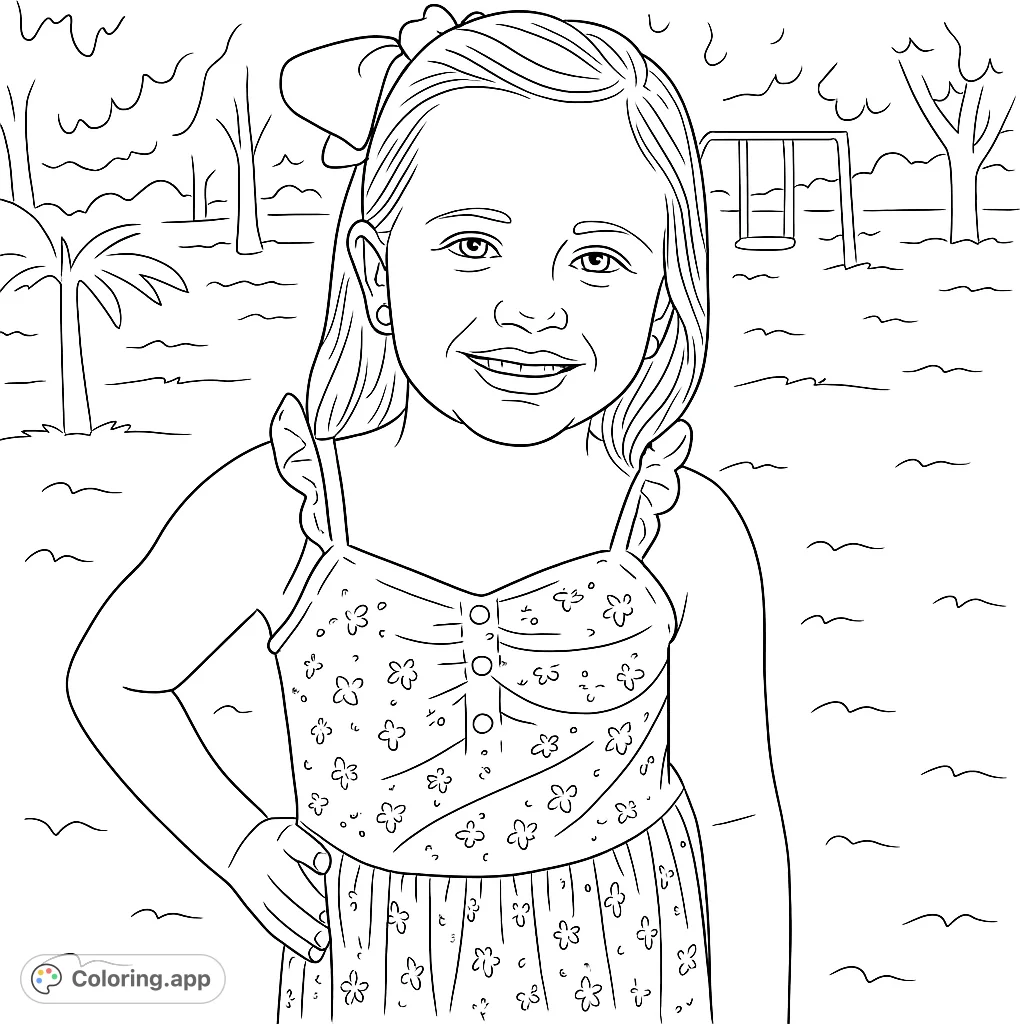 A delightful coloring page featuring a smiling young girl with a large bow and a patterned dress, perfect for creative expression and fun.