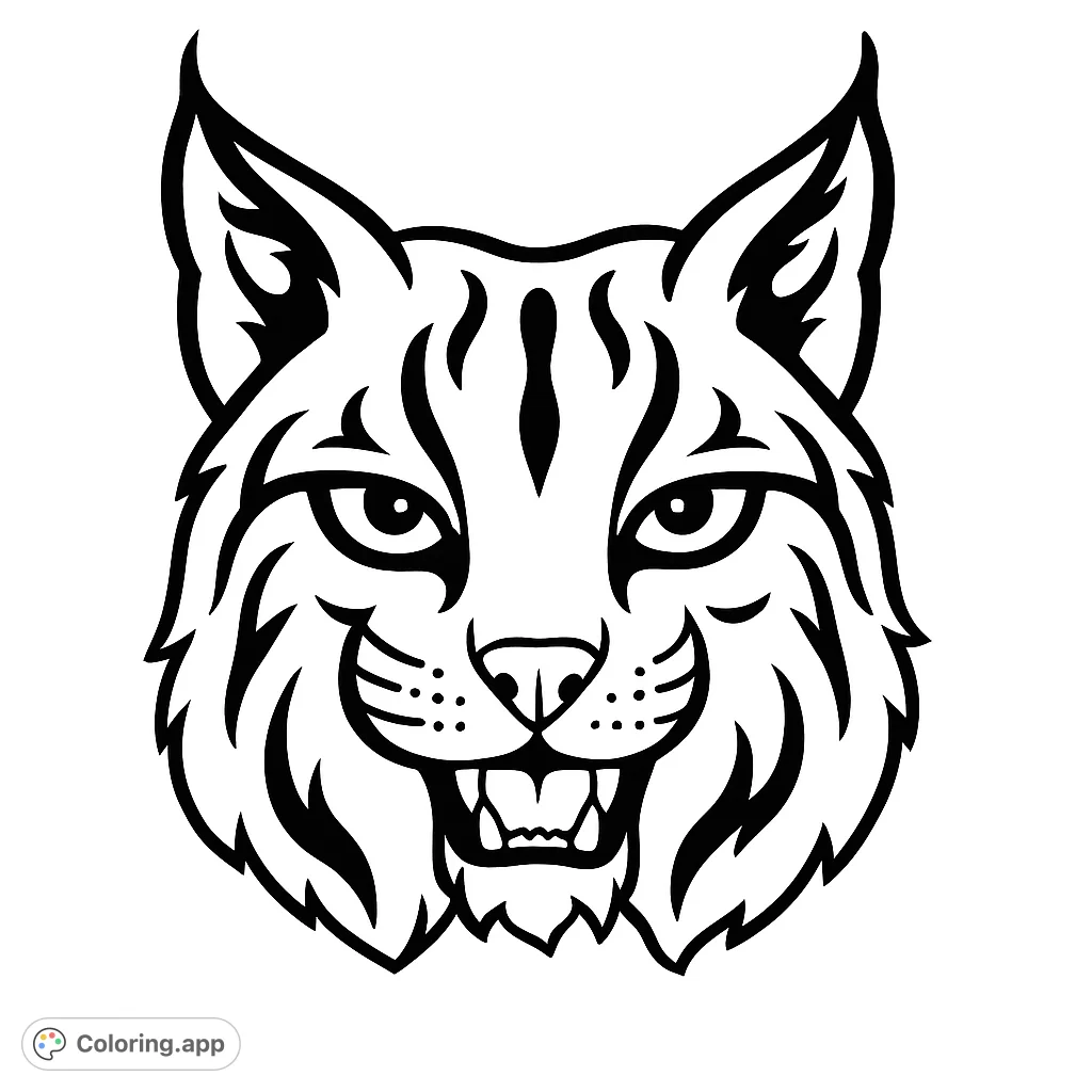 A striking bobcat head coloring page featuring bold lines and distinctive facial markings, perfect for animal lovers of all ages.